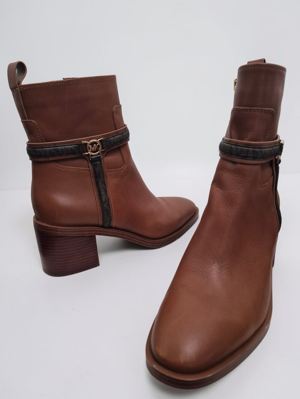 Michael Kors Mindy Brown Leather Ankle Boots 10M Harness Strap Block Heel